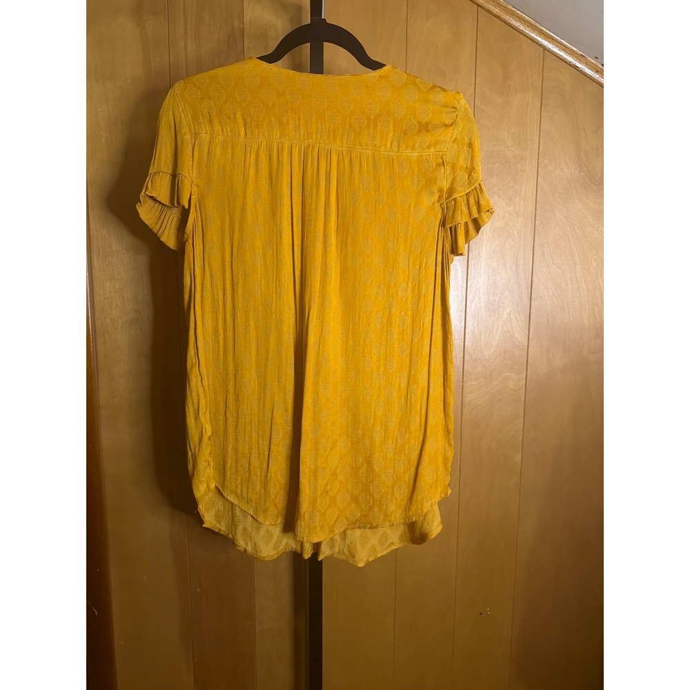 Maeve Anthropologie Mustard Yellow Jacquard Flutter Sleeve Pleated Blouse Large - Picture 2 of 3